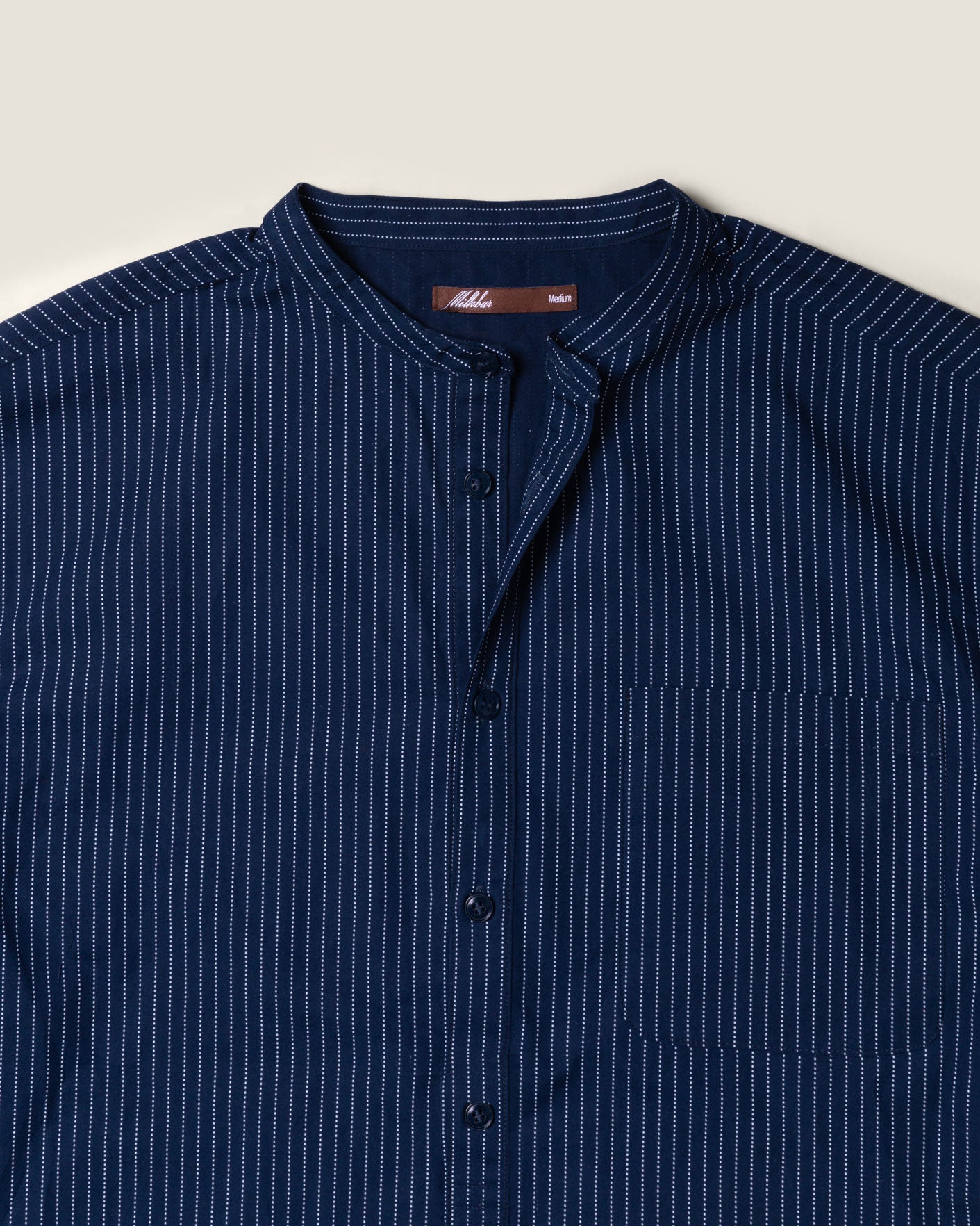 Mandarin Collar Shirt (Pinstriped Navy) – Milkbar