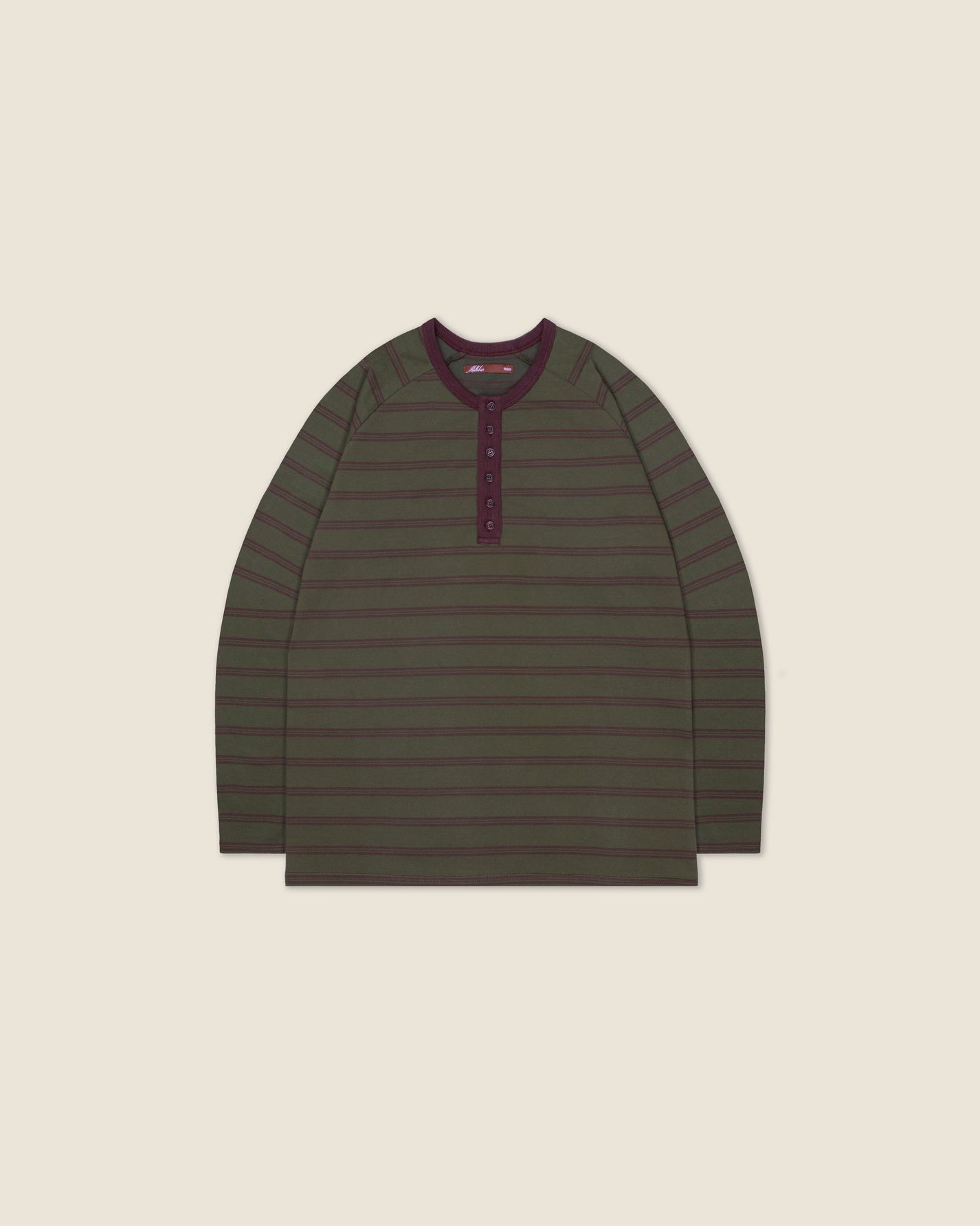 Long Sleeve Striped Henley (Army Green)